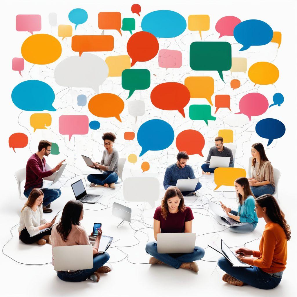 A vibrant digital landscape depicting diverse people connecting and sharing ideas via laptops and smartphones, surrounded by floating speech bubbles filled with inspiration and support. The scene embodies collaboration and community-building, featuring a colorful array of icons representing different blog themes and interests. Warm, inviting colors highlight a sense of belonging and growth. super-realistic. vibrant colors. white background.