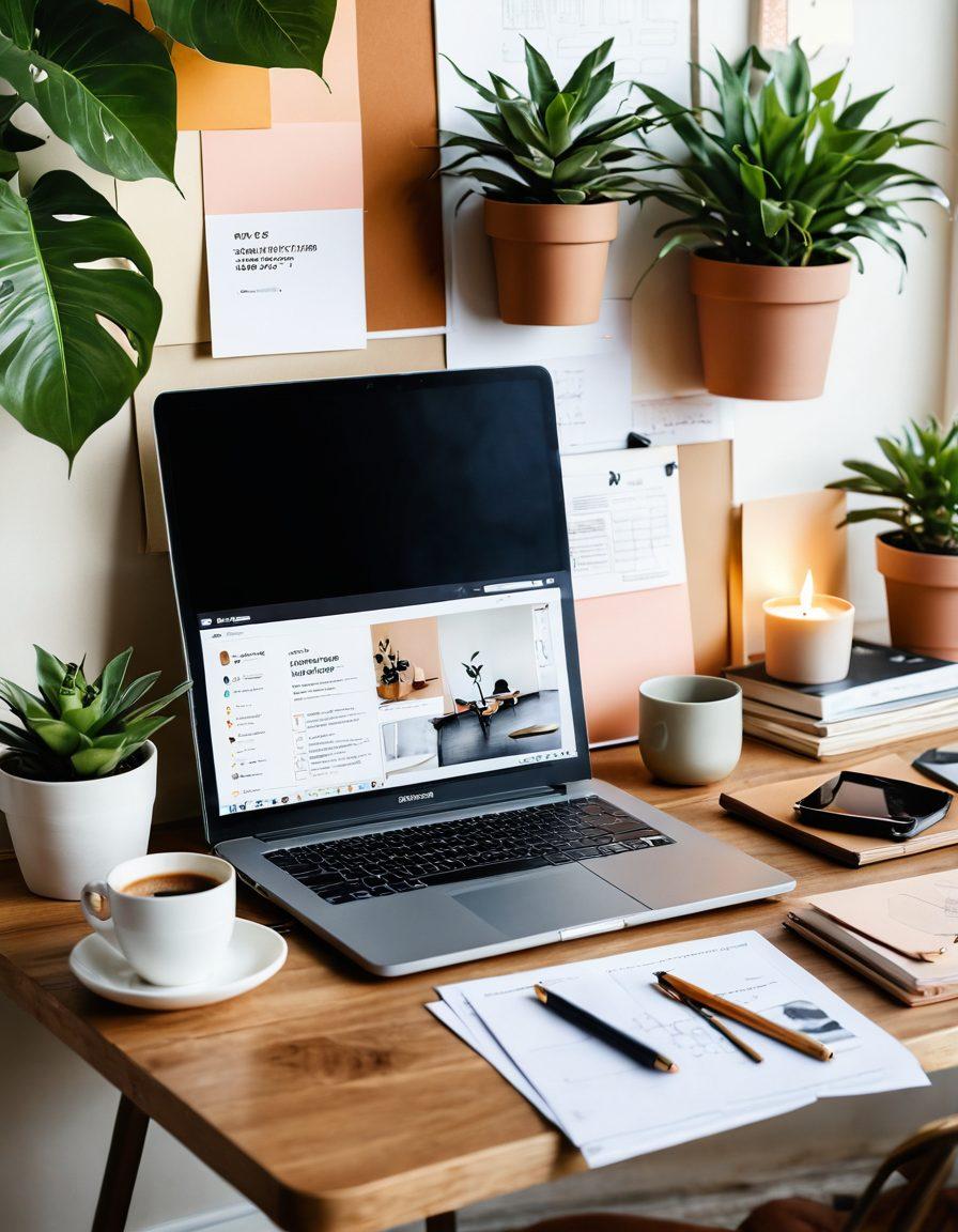A cozy workspace filled with a laptop displaying a blog post, surrounded by lifestyle items like coffee, plants, and stationery. Incorporate a vibrant mood board showcasing product reviews with eye-catching visuals and notes that inspire creativity. The background should convey a blend of productivity and comfort, illustrating the essence of engaging content creation. Warm tones and soft lighting to enhance a welcoming atmosphere. super-realistic. vibrant colors. rich textures.