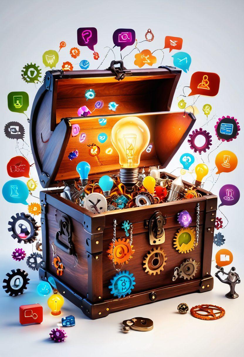 A vibrant, open treasure chest overflowing with glowing blog-related icons like light bulbs, gears, and speech bubbles, surrounded by a diverse group of bloggers engaged in animated discussions, picturesque scenery of a digital landscape in the background. super-realistic. vibrant colors. white background.